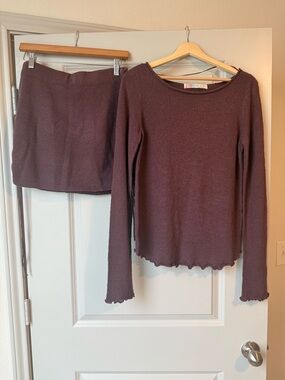 Free People Mauve Ribbed Mini Skirt & Top Set